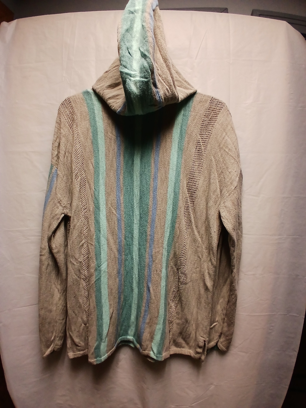 Studio Park Light Taupe Hooded Women's Sweater with Teal and Blue Stripes